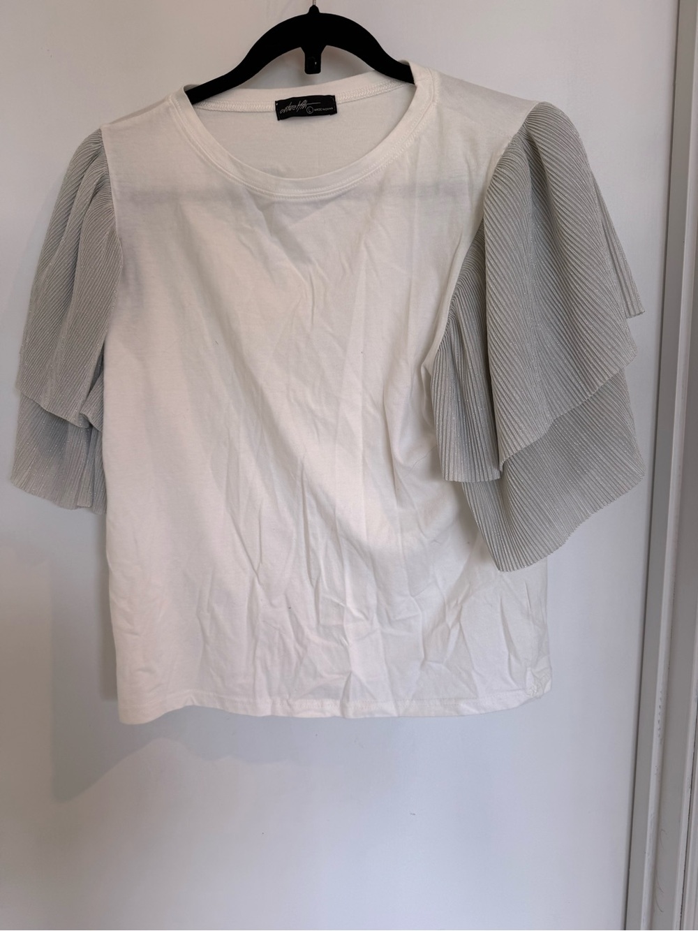 Off Twelfth Women's white Short Sleeve Top with Layered Gray Pleated Sleeves